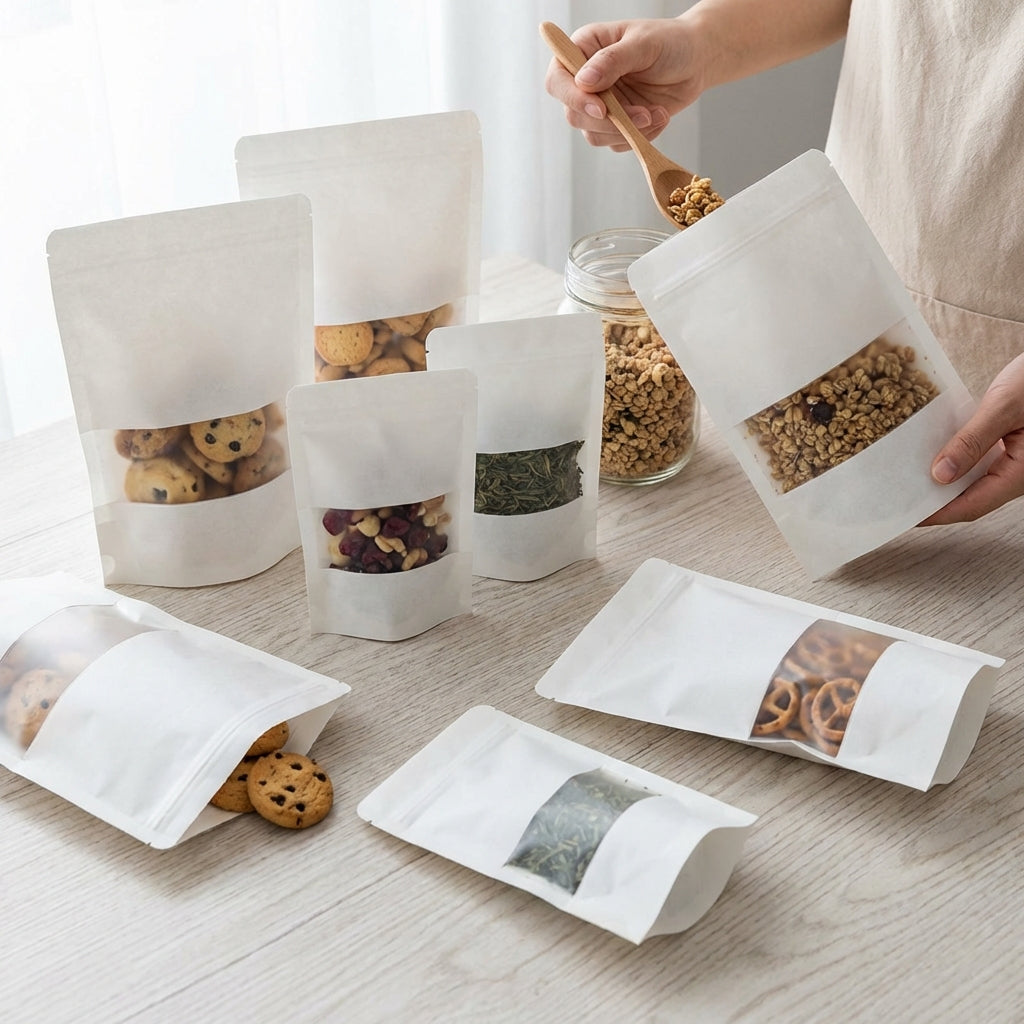 White Kraft Stand Up Pouch with Matte Window