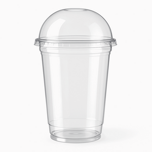 A clear, transparent plastic soda glass with a dome lid, showcasing its sleek modern design with smooth clean edges against a white background