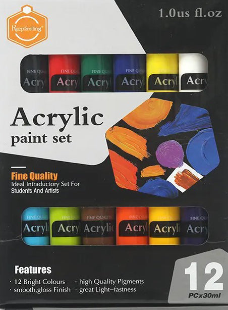 Keep Smiling ACRYLIC PAINT Set | Rich & Vibrant Colors 12 x30ML Tubes For Endless Creativity & Artistic Masterpieces