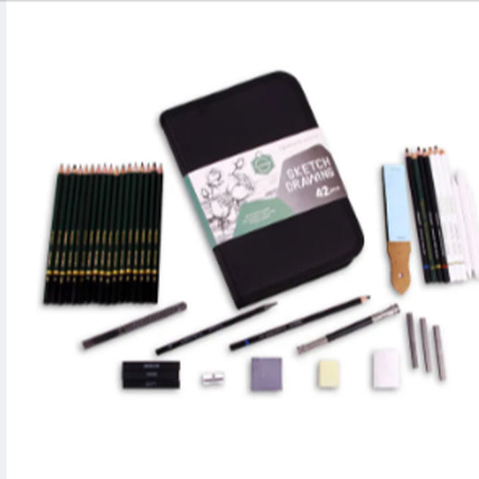 Sketch Drawing Set Of 42 Pcs by Keep smiling (26 Pencil 6 Sticks 3 Stumps 3 Eraser 1 Sharpener 1 Sand Paper 1 Cutter 1 Extender 1 Carry Case)