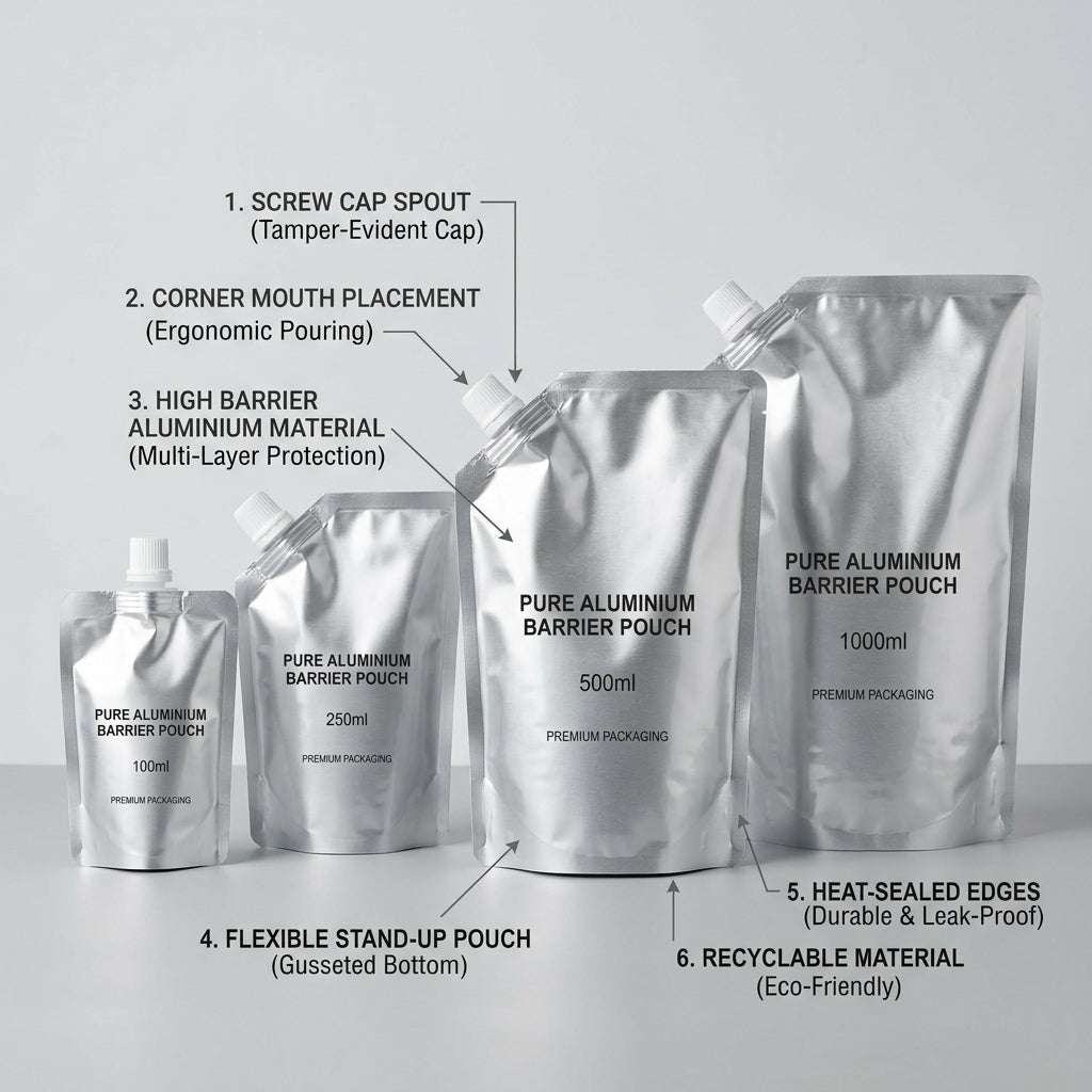 Pure Aluminium Spout Pouch with Corner Mouth