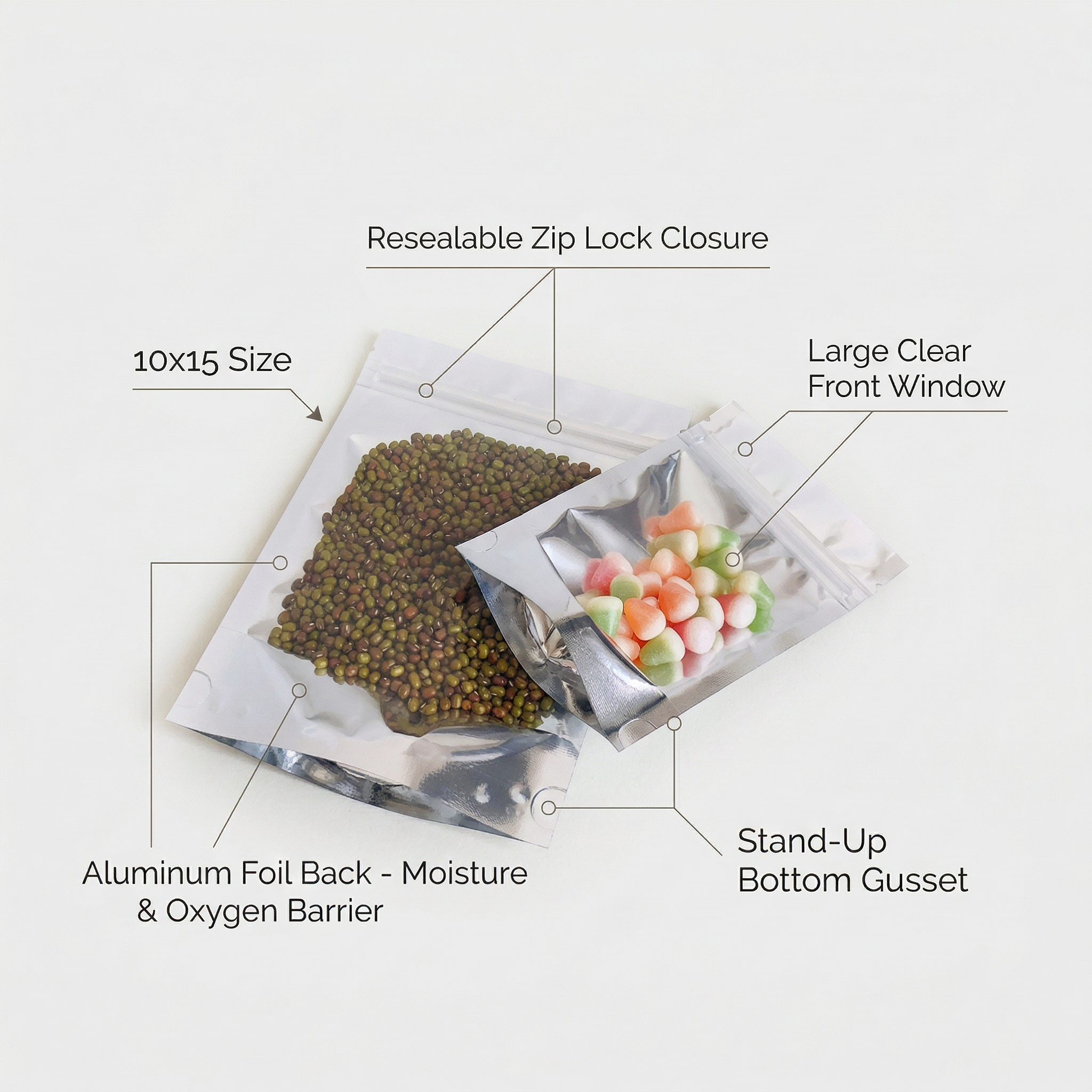 Silver Aluminum Foil Stand Up Pouch With Clear Window
