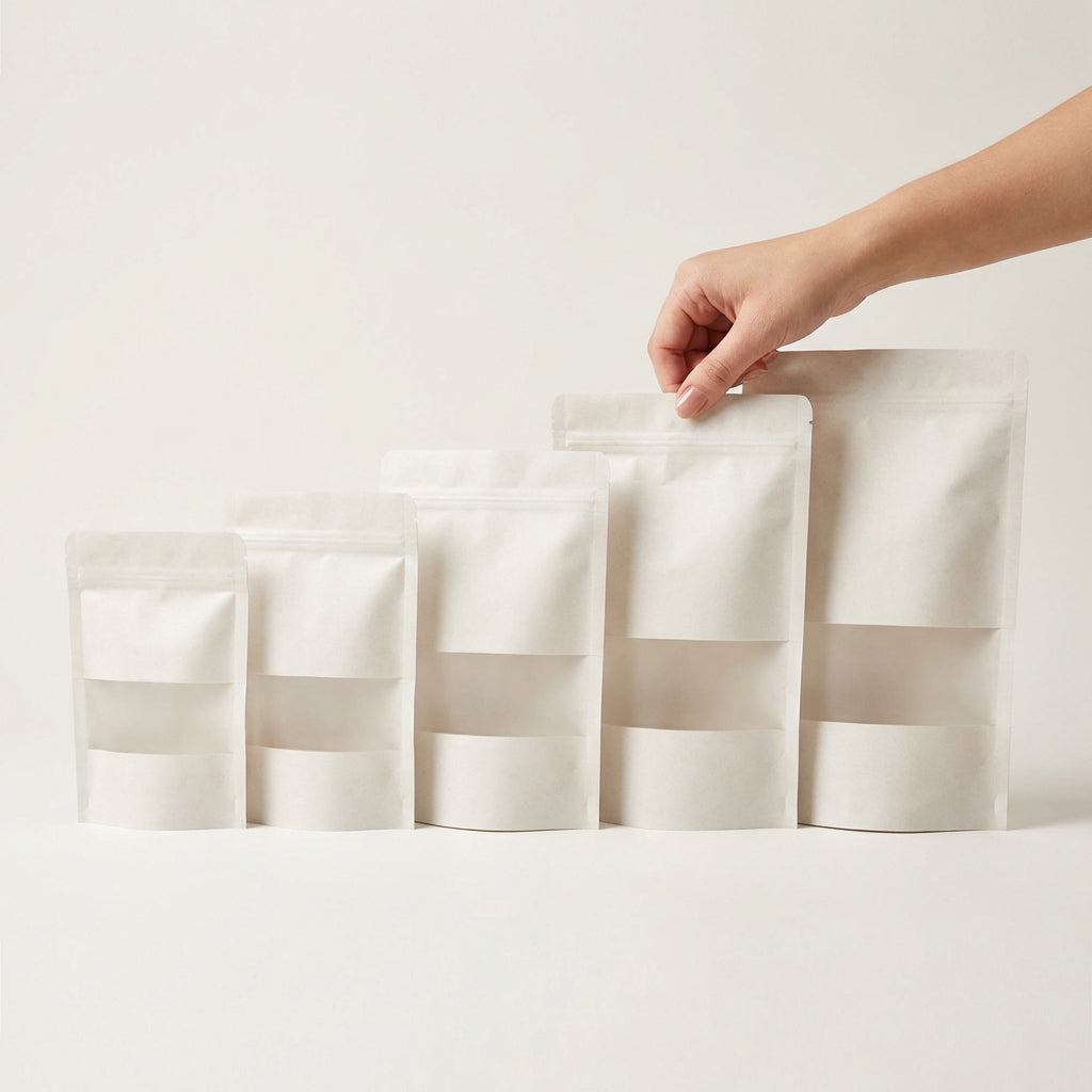 White Kraft Stand Up Pouch with Matte Window