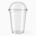 A clear, transparent plastic soda glass with a dome lid, showcasing its sleek modern design with smooth clean edges against a white background