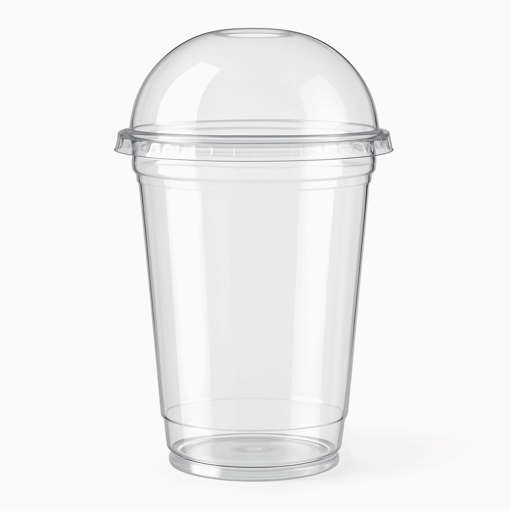 A clear, transparent plastic soda glass with a dome lid, showcasing its sleek modern design with smooth clean edges against a white background